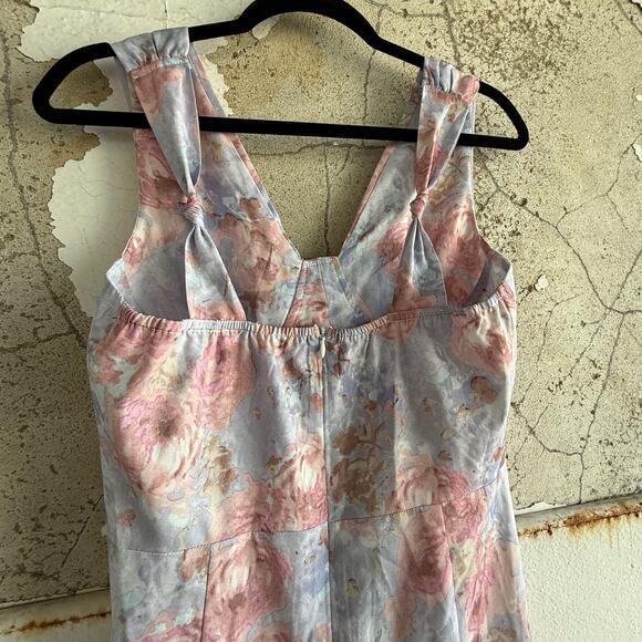 Romantic Floral Ruched Midi Dress Sleeveless Watercolor Knotted Strap Size M - Picture 8 of 8